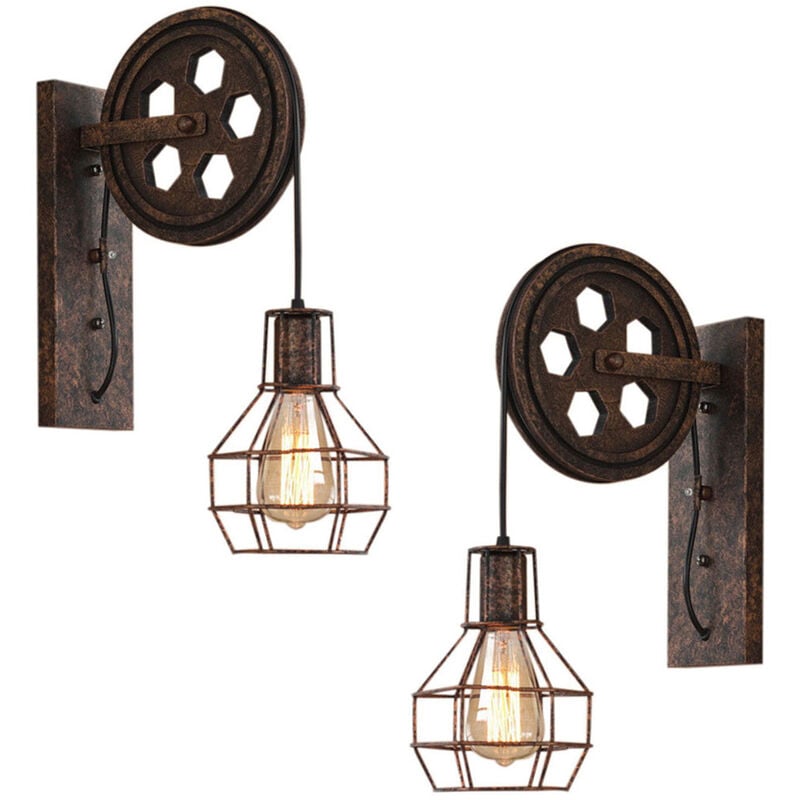 2PCS Vintage Industrielle Fer Applique Murale Style Américain Lampe en Poulie Luminaire Eclairage pour Escalier Restaurant Rouille