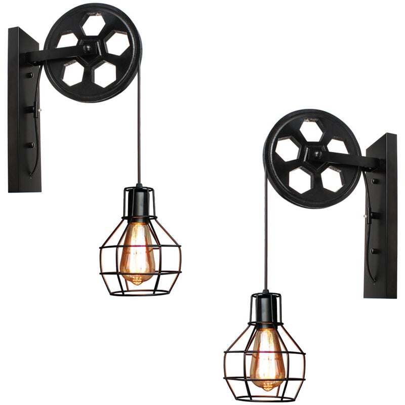 2PCS Vintage Industrielle Fer Applique Murale Style Américain Lampe en Poulie Luminaire Eclairage pour Escalier Restaurant Noir