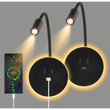 2PCS Applique Murale Interieur LED, Lampe de Lecture avec interrupteur, Liseuses Murales de Chevet Réglable avec Chargeur USB, 3000K Lecture de Chevet Applique Murale pour Chambre Salon (Noir)