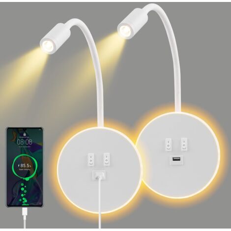 2PCS Applique Murale Interieur LED, Lampe de Lecture avec interrupteur, Liseuses Murales de Chevet Réglable avec Port de Charge USB, 3000K Lecture de Chevet Applique Murale pour Chambre Salon (Blanc)