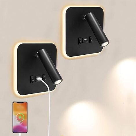 2Pcs Applique Murale Interieur, Liseuse de chevet LED, Lampe de Lecture col de cygne flexible avec Port de Charge USB et Interrupteur, 360°Réglable Lampe de Lit Spot pour chambre escaliers