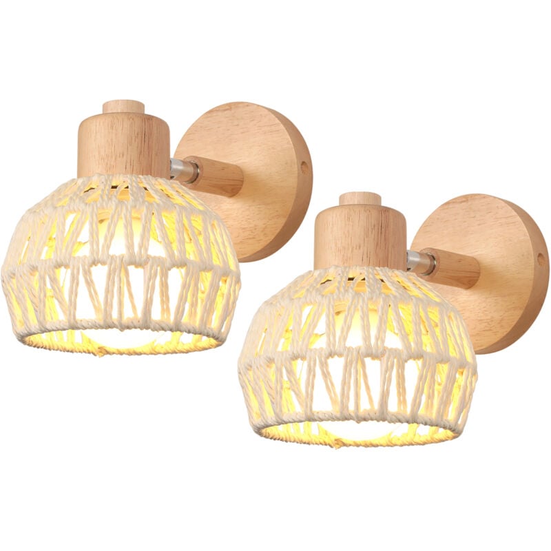 2PCS Applique Murale Intérieure 15CM Lampe Murale Réglable en Bois et Rotin Rétro E27 Luminaire Applique Vintage pour Chambre Salon (Blanc)