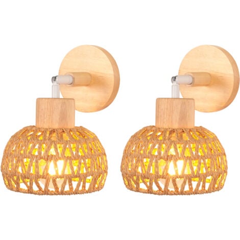NORCKS 2PCS Applique Murale Intérieure 15CM Lampe Murale Réglable en Bois et Rotin Rétro E27 Luminaire Applique Vintage pour Salon Chambre