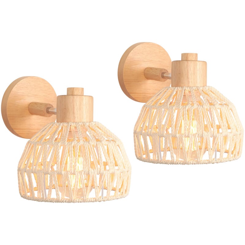 2PCS Applique Murale Intérieure 20CM Lampe Murale Réglable en Bois et Rotin Rétro E27 Luminaire Applique Vintage pour Chambre Salon (Blanc)