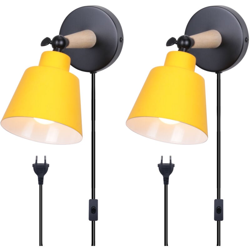 2PCS Applique Murale Moderne Applique Murale Rétro Minimaliste Jaune Lampe Murale D'Intérieur Nordique E27 (Avec Prise Euro)
