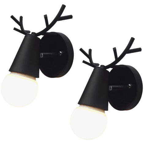 2pcs Applique Murale Moderne Créatif Bois de cerf en Fer Déco pour Chambre, Salon, Chambre d'enfants, Restaurant, Couloir, E27 Noir