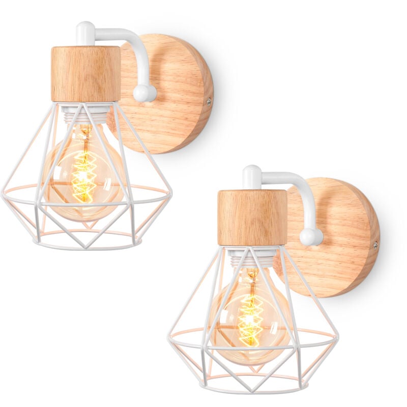 2PCS-Applique Murale Rétro E27 Lampe Murale Vintage En Fer Et Bois Rétro Cage Design Blanc Lampe Murale Interieur Pour Salon Chambre Cuisine Couloir