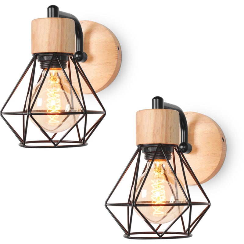 Norcks - 2PCS-Applique Murale Rétro E27 Lampe Murale Vintage En Fer Et Bois Rétro Cage Design Noir Lampe Murale Interieur Pour Salon Chambre Cuisine