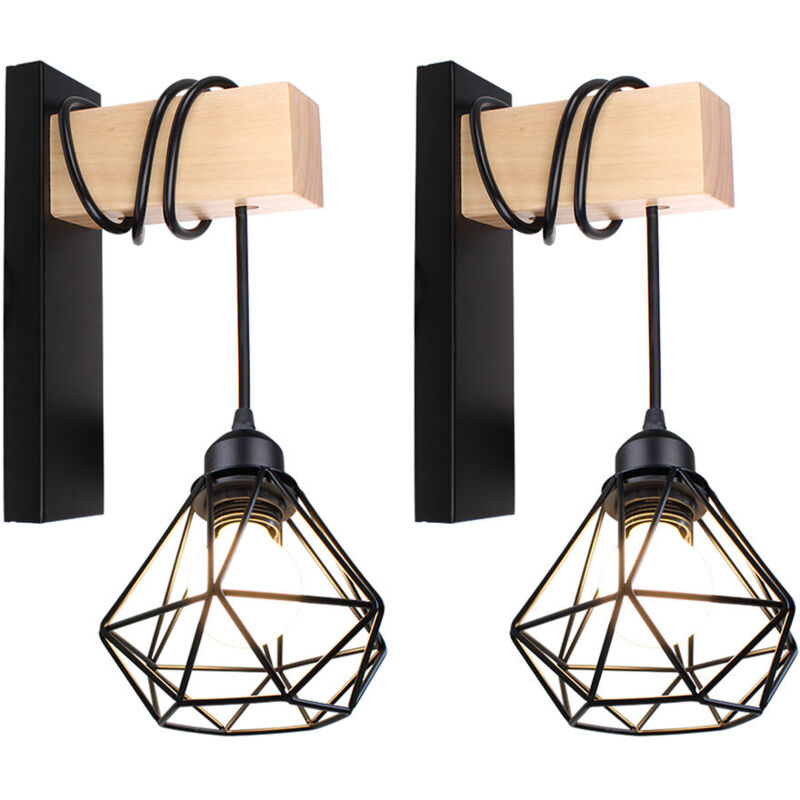 2PCS) Applique Murale Rétro En Bois Lampe Murale Cage En Métal Applique Murale Créative Moderne Pour Chevet Loft Escalier Noir