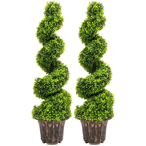 2pcs Artificial Potted Rotating Topiary Trees Garden Yard Ornament with Pot