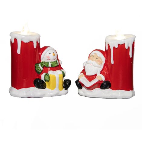 2Pcs Assorted Santa & Snowman Resin Christmas Flameless LED Candles Battery Operated