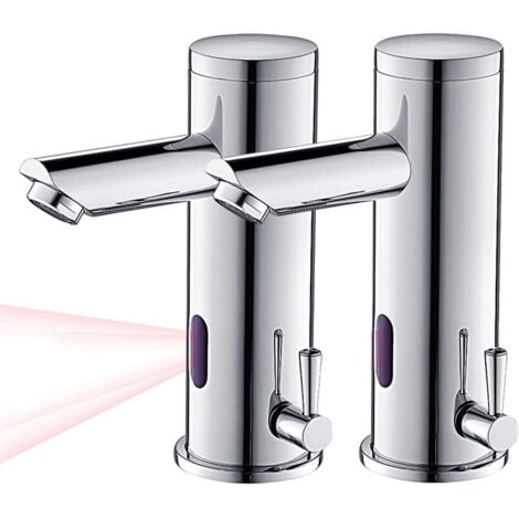 2PCS Auralum Rubinetto a Infrarossi, Rubinetto Miscelatore con Sensore Elettronico Automatico, Rubinetto Bagno Lavabo per lavello funzionamento a batteria, Finitura Cromata