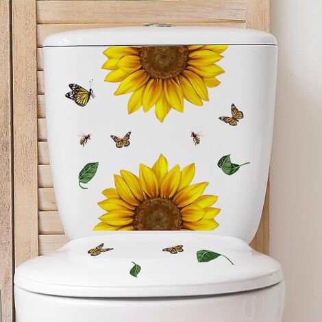 2pcs Autocollant Tournesol Fleur Papillon Toilette, Sticker Mural Drle Pour Wc, Salle De Bain, Cuisine, Pvc