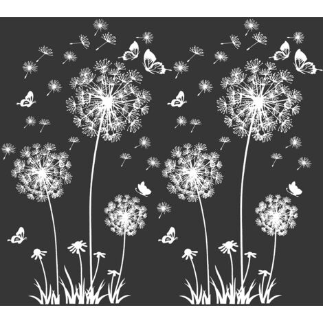 2pcs autocollants muraux de pissenlit blanc pour la décoration murale, grands autocollants muraux de plante de fleur de pissenlit pour les fenêtres du couloir du hall d'entrée de la chambre à coucher