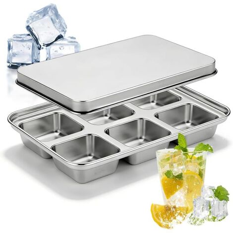 2PCS Bac à Glaçons en Acier Inoxydable, Moule à Glaçons Avec Couvercle, 6 Emplacements Grand Bacs à Glaçons Carrés, Plateau À Glaçonss En Métal Sans BPA pour Cocktails Whisky Vin Chocolat Café