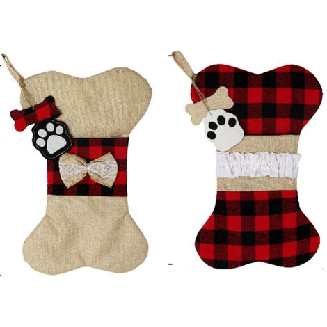2pcs bas de Noël pour chien de compagnie, bas pour animaux de compagnie en forme d'os à carreaux en toile de jute, bas suspendus classiques pour les décorations de Noël