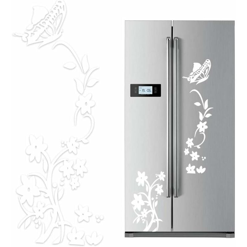 2pcs Blanc Fleur Vigne Stickers Muraux Réfrigérateur en pvc Papillon Autocollant Murales Amovible Art Décor pour Placard Maison Cuisine - 140 x 50cm