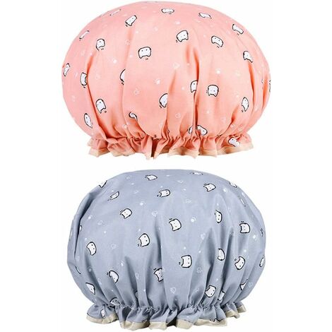 2PCS Bonnets de Douche, Chapeau de Douche Réutilisables Charlotte Cheveux Douche Imperméable Double Couche avec des Bandes Élastiques pour Les Femmes Filles de Douche Spa Salon