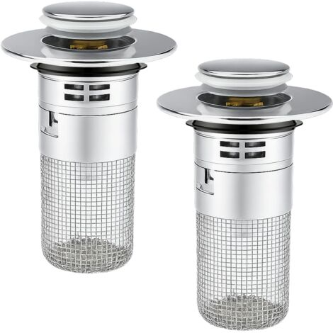 2PCS Bouchon lavabo, Acier inoxydable, Filtre anti-cheveux, Mécanisme pop-up, Salle de bain 34-40 mm