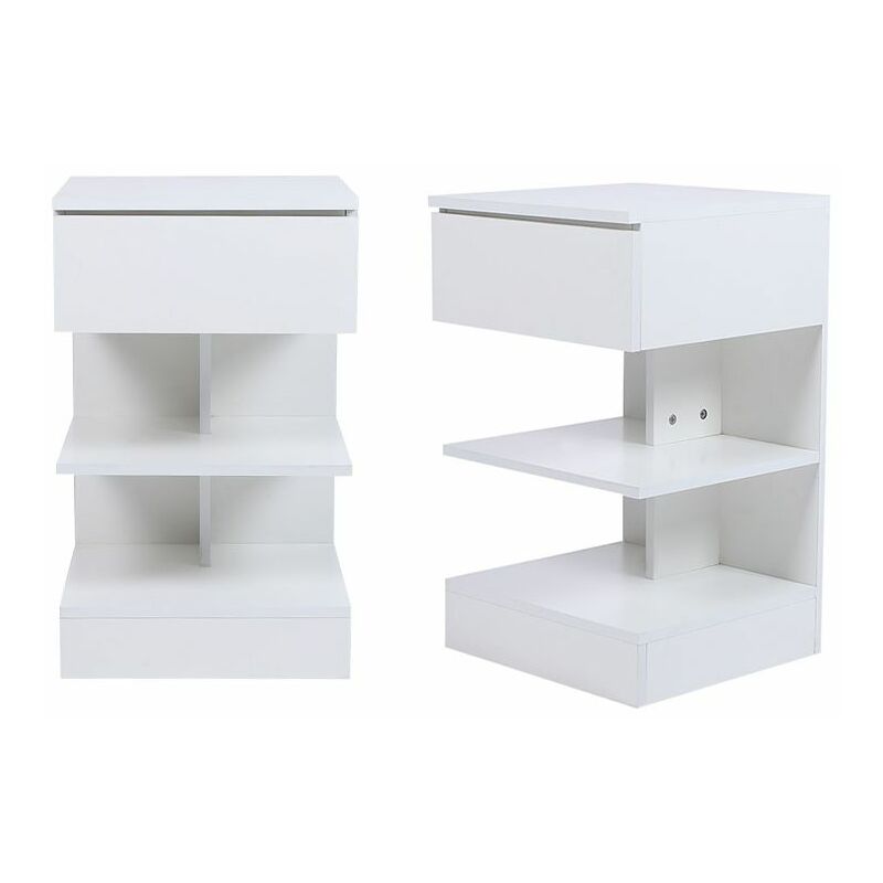 2PCS Bout de canapé table d'appoint table de chevet avec 1 tiroir et 2 étagères de rangement blanc - blanc