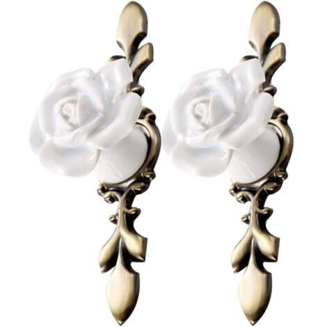 2Pcs Boutons de Meuble à Fleurs en Céramique Vintage Rose Forme Armoire Tire Poignée de Porte pour Meubles de Placard de Cuisine (Bronze Blanc)
