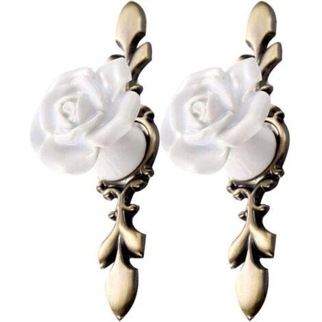 2Pcs Boutons de Meuble à Fleurs en Céramique Vintage Rose Forme Armoire Tire Poignée de Porte pour Meubles de Placard de Cuisine (Bronze Blanc)