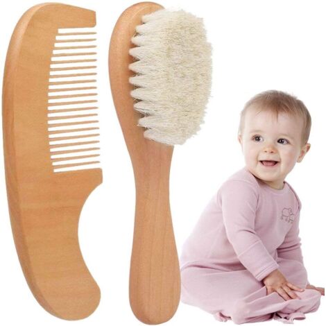 2pcs Brosse à Cheveux et Peigne à Cheveux en Bois Naturel pour bébé, Brosse à Poils de chèvre Naturelle pour Le Traitement du Berceau Brosse à Bois pour Les Nouveau-nés et Les