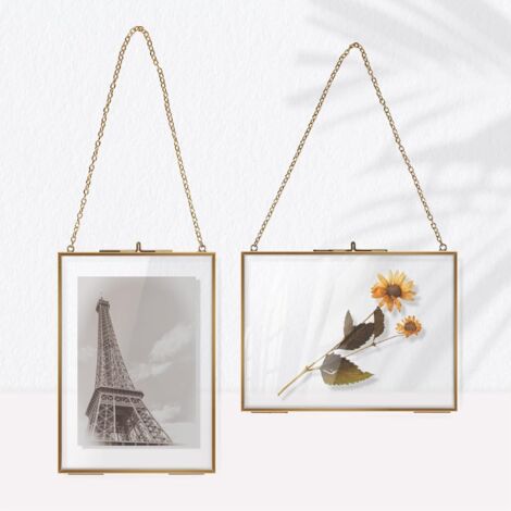 2PCS Cadres Photo Double en Verre et Métal, 13  18cm, Cadre Verre Mural Transparent, Cadre Rectangulaire pour Fleur Séchée, Photo, Figure, Carte, Certificat, Or