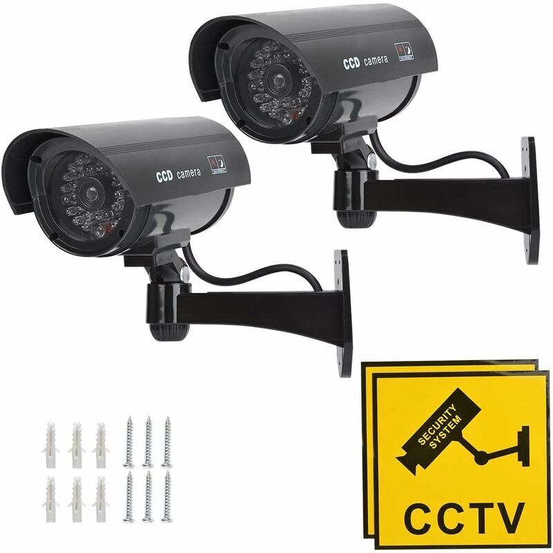 2Pcs Caméra Fausse Caméra de Surveillance Caméra Factice avec LED Infrarouge Clignotante Rouge, Caméra Fausse Caméra de sécurité CCTV