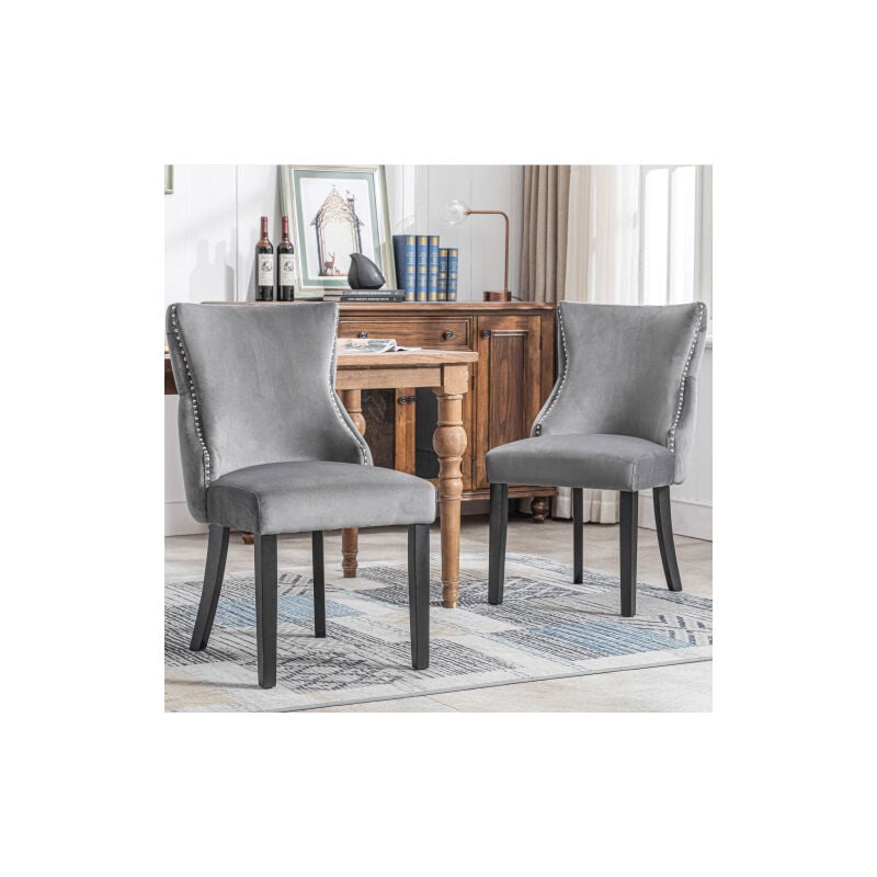 Ekasn - Ensemble de 2 Chaises de salon en velours gris, avec matelassage à boutons, structure en bois massif