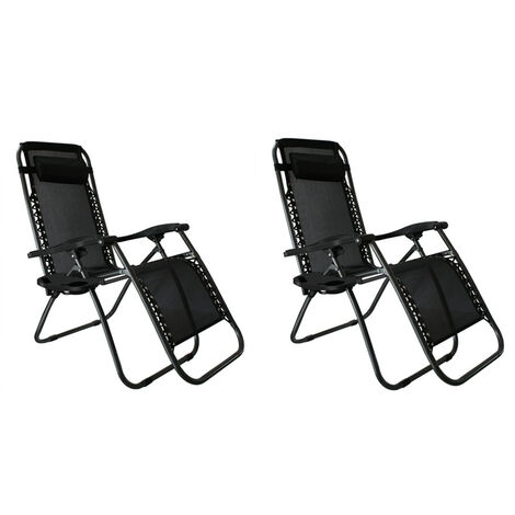2PCS Chaise Longue de Jardin de Camping avec Dossier Réglable Transat Pliable Noir - Noir
