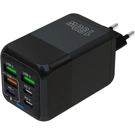 2PCS Chargeur USB C, 150W 6 Ports USB C Prise de Charge Rapide, Chargeur à 6 Ports (Port 3PD Type C + Port USB A 3QC), Compatible avec iPhone 11/12/13/14/15 series/XS/XR/8/iPad(Noir,EU)