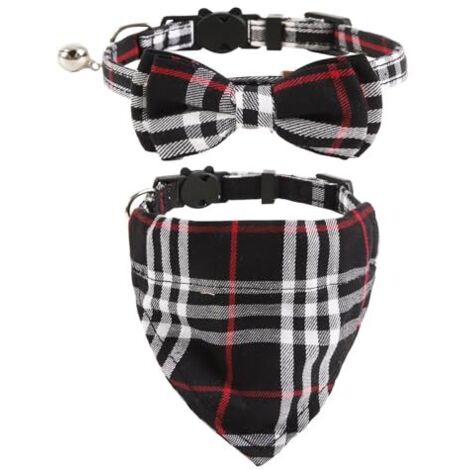 2pcs Colliers pour chats avec cloches Noeud papillon amovible Bandana, collier pour chaton, Bandana, noeud papillon pour chien, Collier Chat avec Boucle de Sécurité Ouvrable Facilemen, noir