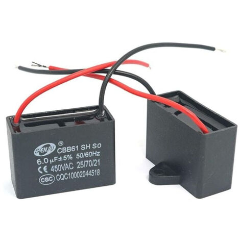 2Pcs Condensateur CBB61 450V AC 50/60Hz 6uF – Longueur câble 95mm – Idéal pour ventilateurs de plafond et climatiseurs