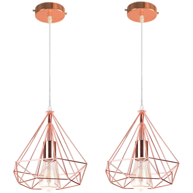 2PCS Contemporary Pendant Light Cage Hanging Light Modern Pendant Lamp Diamond Shape Ceiling Light Rose Gold Metal Iron Lamp Shade