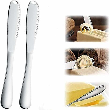 2Pcs Couteau à Beurre 3 en 1, Rouleaux à Beurre et Epandeur en Acier Inoxydable Avec Bord Dentelé, Fentes Pour Couper Légumes, Fruits, Fromage - MODOU