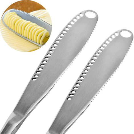 2PCS Couteau à beurre en acier inoxydable, professionnel 3 en 1 couteau à beurre Curler avec bord dentelé