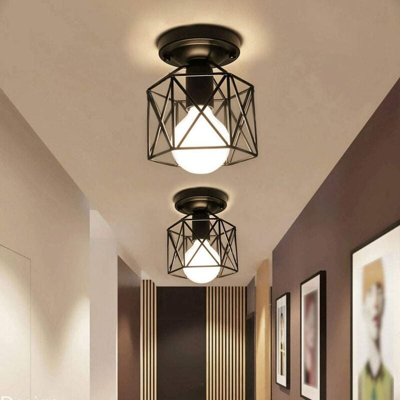 Axhup - 2pcs Creative Ceiling Light Fixture Industrial Iron Metal Ceiling Lamp Chandelier with Cube Cage Lampshade for Living Room Hallway Cafe Bar