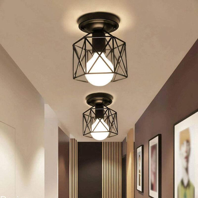 2pcs Creative Ceiling Light Fixture Industrial Iron Metal Ceiling Lamp Chandelier with Cube Cage Lampshade for Living Room Hallway Cafe Bar