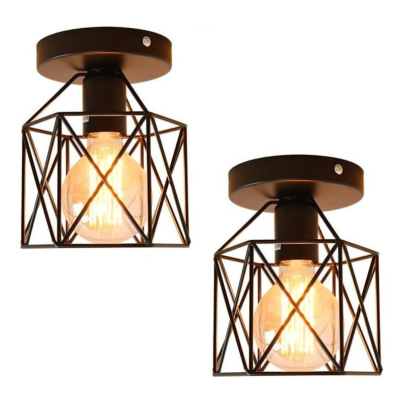 2pcs Creative Ceiling Light Fixture Industrial Iron Metal Ceiling Lamp Chandelier with Cube Cage Lampshade for Living Room Hallway Cafe Bar