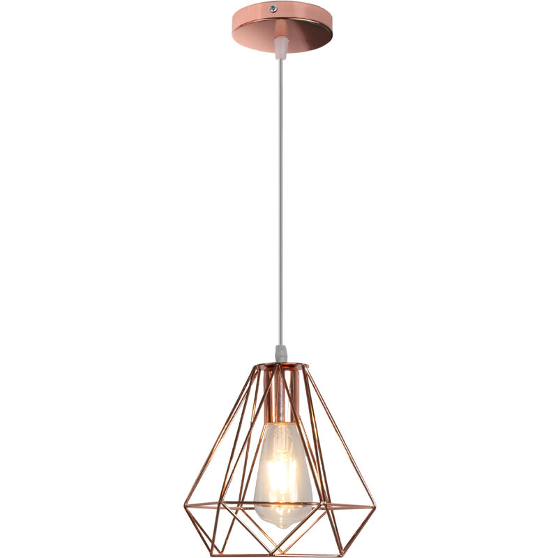 Pendant Light Industrial, Vintage Hanging Ceiling Lamp Fitting, Chandelier with Ø20cm Diamond Cage for Bedroom Living Room Kitchen Island Rose Gold