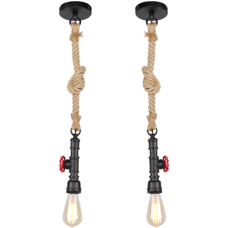 

2PCS Cuerda de Cáñamo E27 Luz Colgante, Cabeza de Una Sola Cabeza Vintage Lámpara Colgante Negro Industrial Retro Estilo País Lustre para Comedor