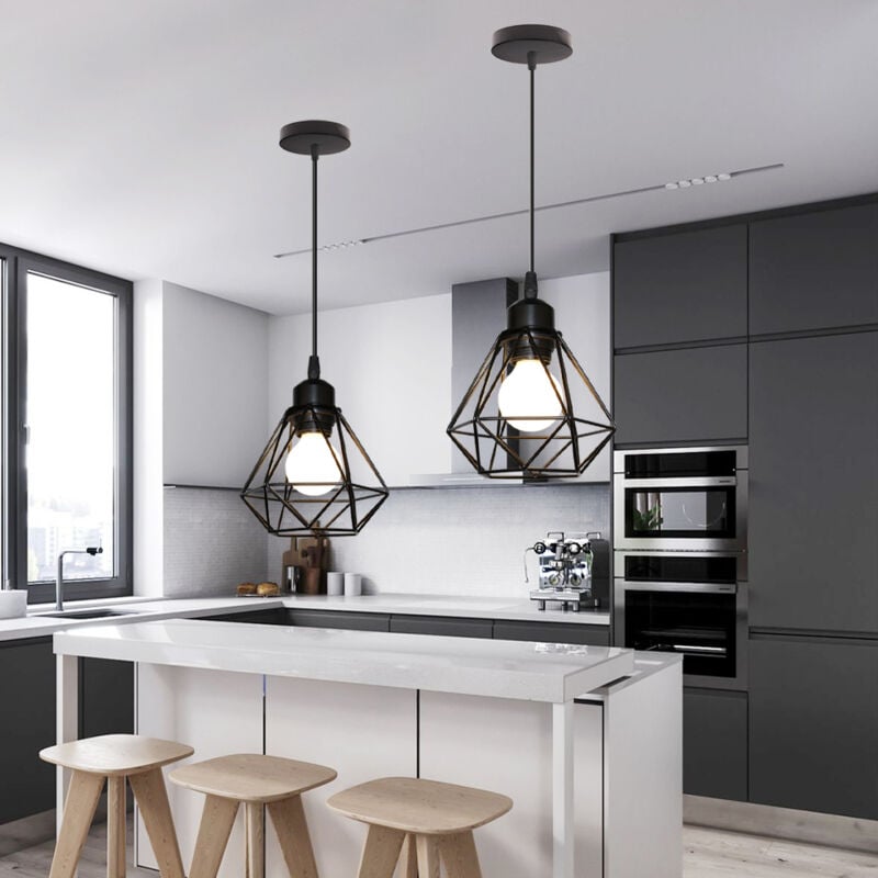 2PCS Diamant Lustre Suspension Industrielle 16CM Fer Abat-jour Cage en Métal Plafonnier Luminaire Noir pour Couloir Salon Escalier