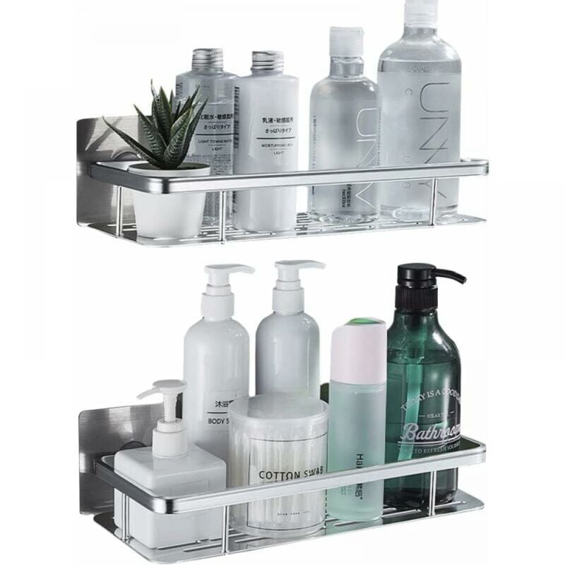 2PCS Douche en aluminium sans perçage, argent, rangement de salle de bain résistant à la rouille, étagères de salle de bain auto-adhésives, chariot