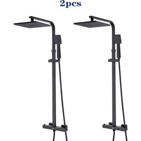 2pcs Dusche Duschsäulen mit Thermostat Schwarz Duschsystem Duschsäule mit 9 zoll Kopfbrause, Handbrause und Verstellbarer Duschstange Duscharmatur Anti-Verbrühungs-Duschsystem