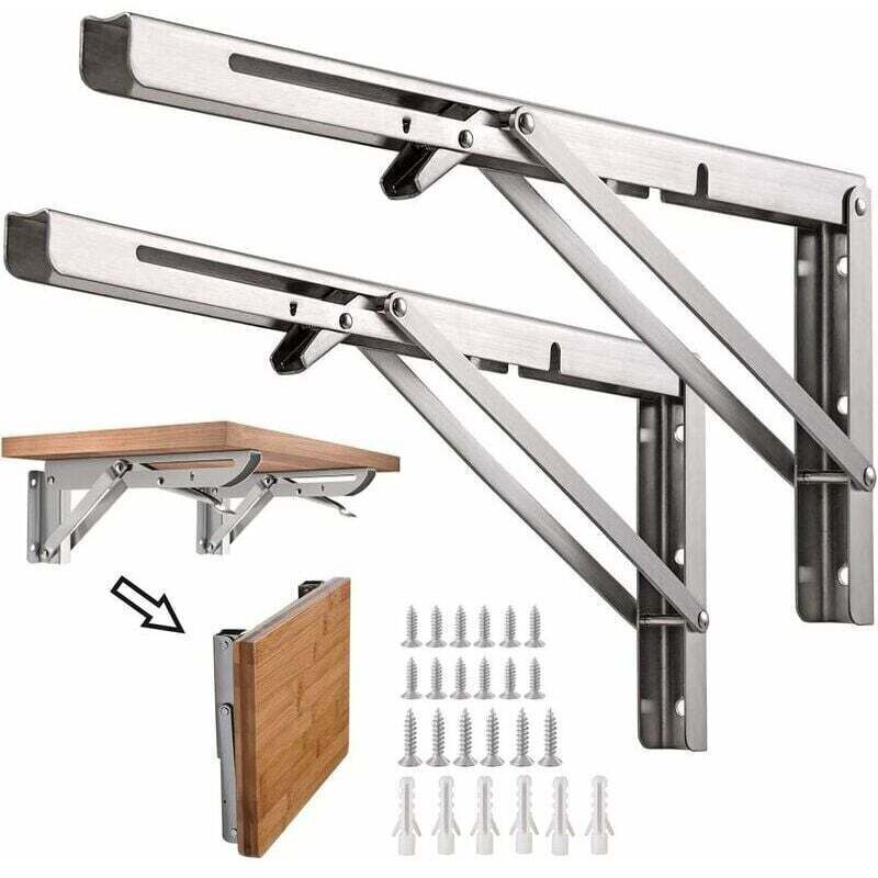 2PCS Équerre Pliante, 8 Pouce Supports d' Étagères Pliants en Acier Inoxydable, Acier Inoxydable Equerre Rabattable Murale, Charge Maximale 50KG,