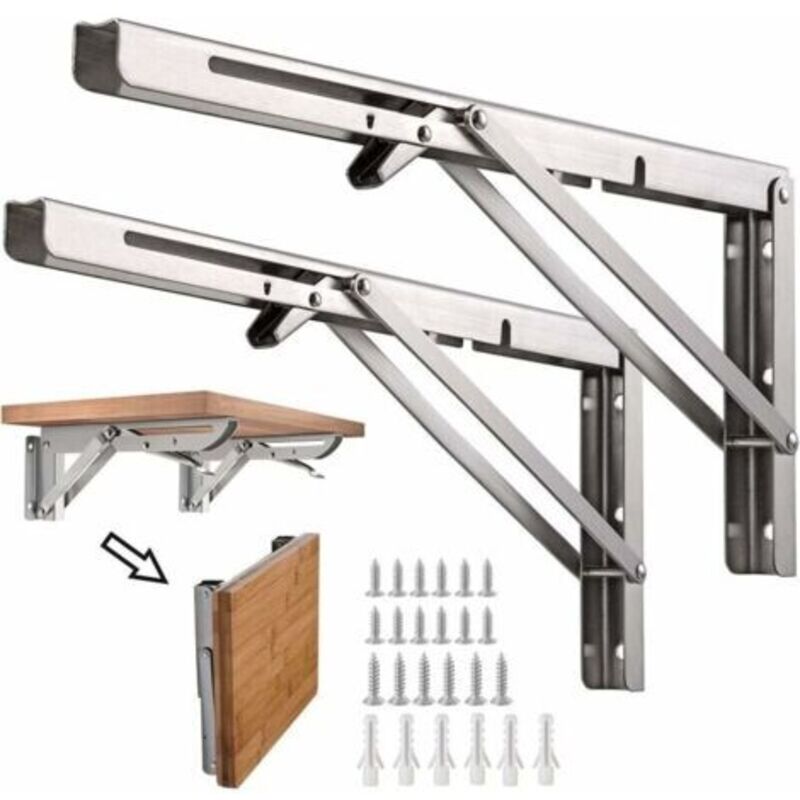 Ikodm - 2PCS Équerres pliantes - 8 Pouces - Supports d'étagères pliants en acier inoxydable - Charge maximale 50KG - Argenté