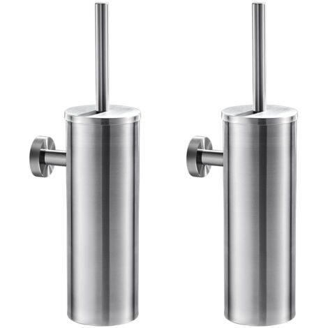 2PCS Escobilla de Baño WC en Acero Inoxidable Cepillado, Auralum Escobilla WC con Portaescobilla y Tapa, Limpieza 360º, Resistente a salpicaduras, Montaje en Pared