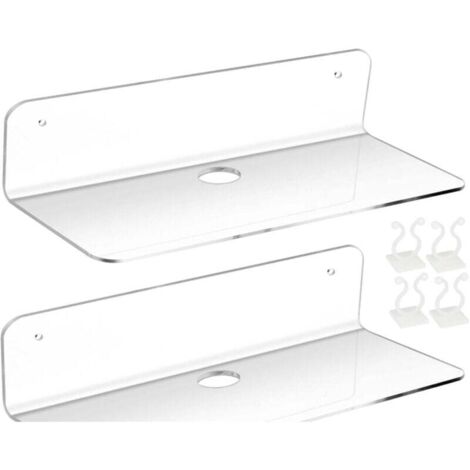 2PCS Étagère Murale Flottante en Acrylique,Etagere Murale Blanche Lot de 2,Etagere sans percer en Acrylique pour Chambre, Salle de Bains, Cuisine, Salon, Bureau, avec 4 Clips Câble