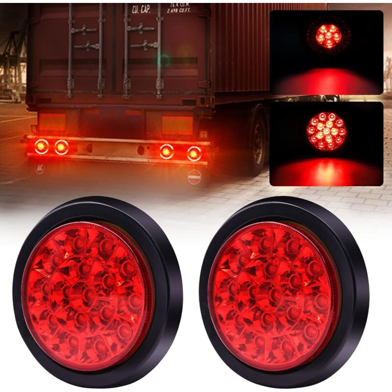 2pcs feux arrière de camion, feux arrière à led haute luminosité intégrés ronds 24v, feux stop de remorque, camion, fourgonnettes, roulette, rouge